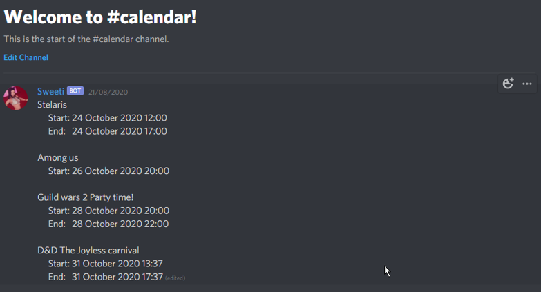 Discord bot showing calendar als special channel
